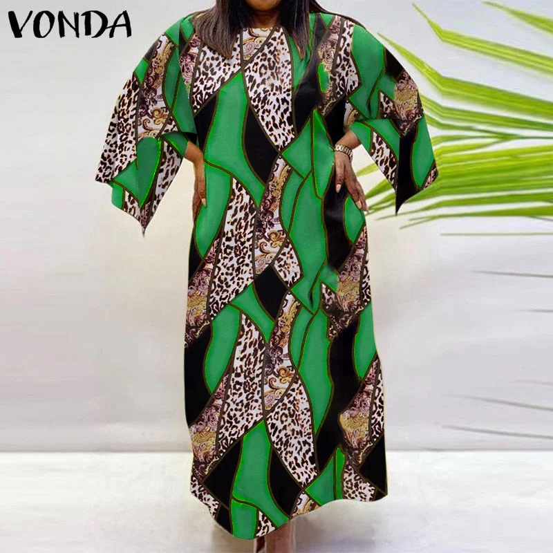 VONDA Women Bohemian Dress 2022 Casual Loose 3/4 Sleeve Holiday Dress Female Vintage Printed Party Vestidos Oversized Robe Femme