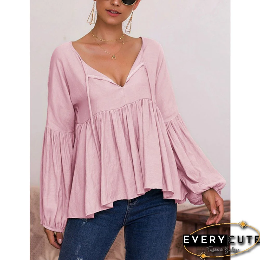 Pink V Neck Ruffled Puff Sleeve Blouse