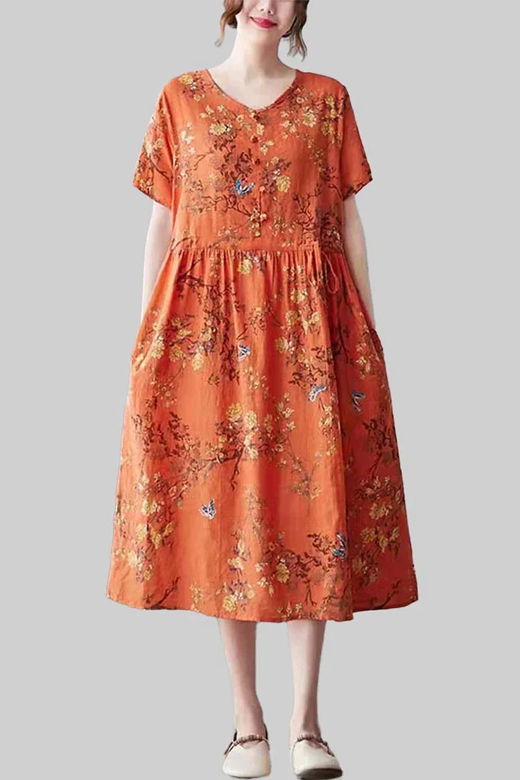 Linen Orange Short Sleeve Round Neck Print Midi Dress 
