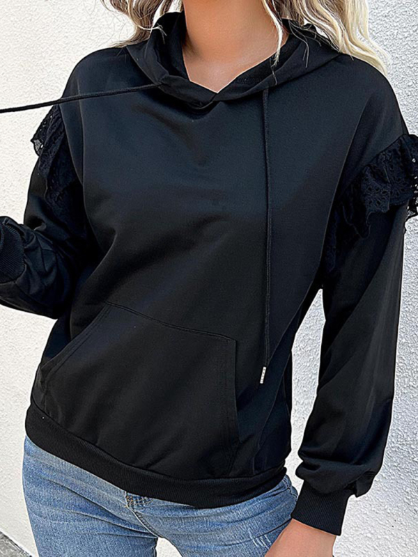 Mature Women Casual Solid Polyester Lace Detail Hoodie