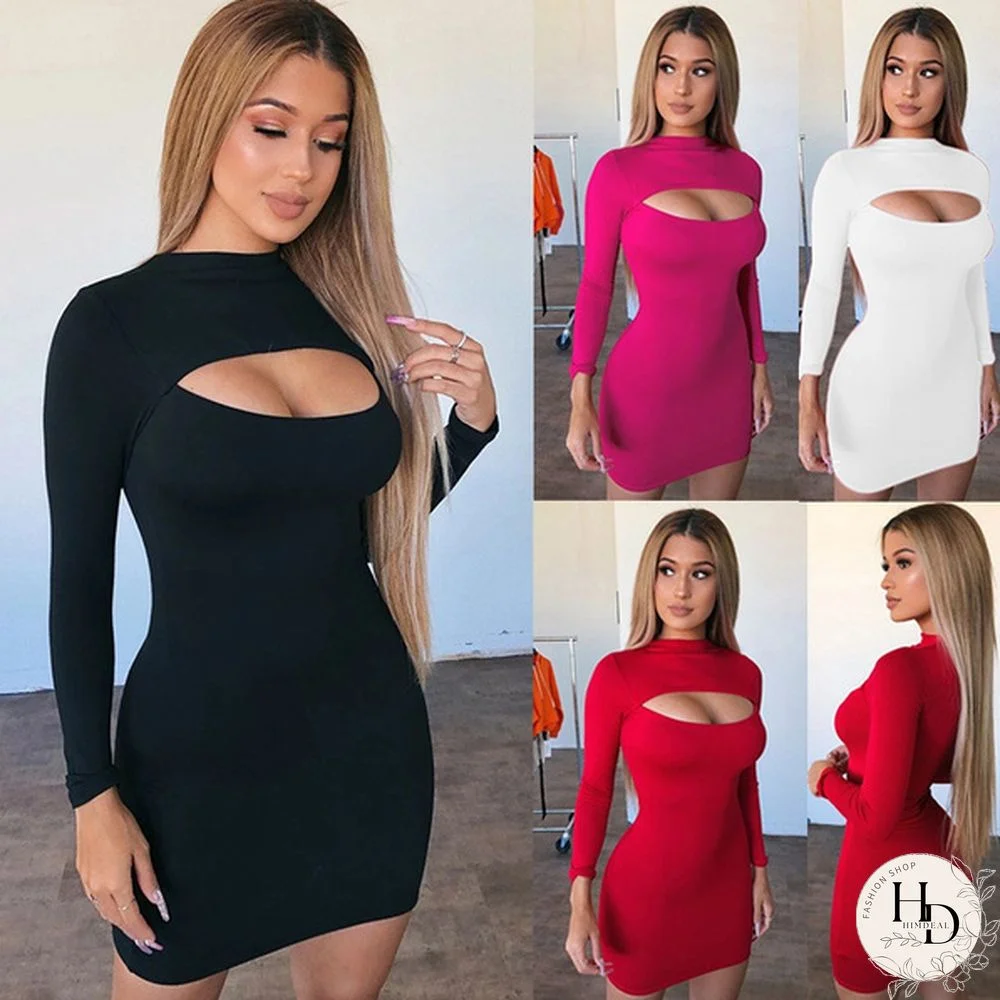 Women Fashion Long Sleeve Solid Color Hollow Out Slim Package Hip Bodycon Plus Size Casual Special Mini Dress