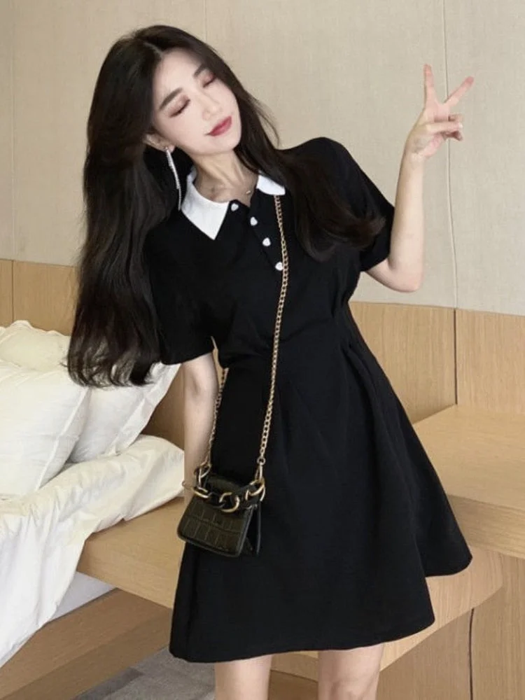 Dress Women Black A-line Mini Trendy Retro Simple Buttons Sweet College Female Turn-down Collar Preppy Style Leisure Abdomen Ins