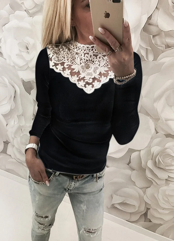 Womens Warm Long Sleeve Knitted Lace Blouse Ladies Tops Pullover Jumper Lace Shirt