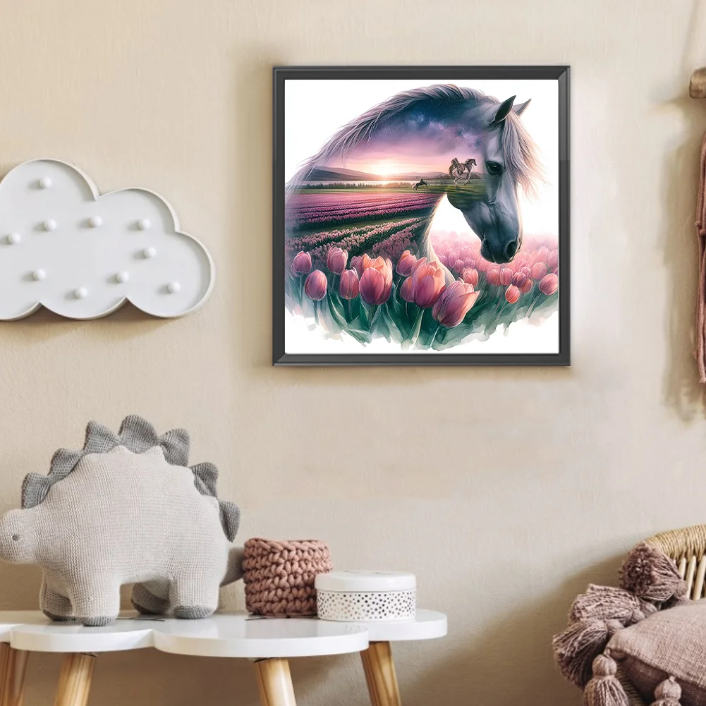 Diamond Painting - Full Round Drill - Tulip Horse Silhouettes(Canvas|30*30cm)