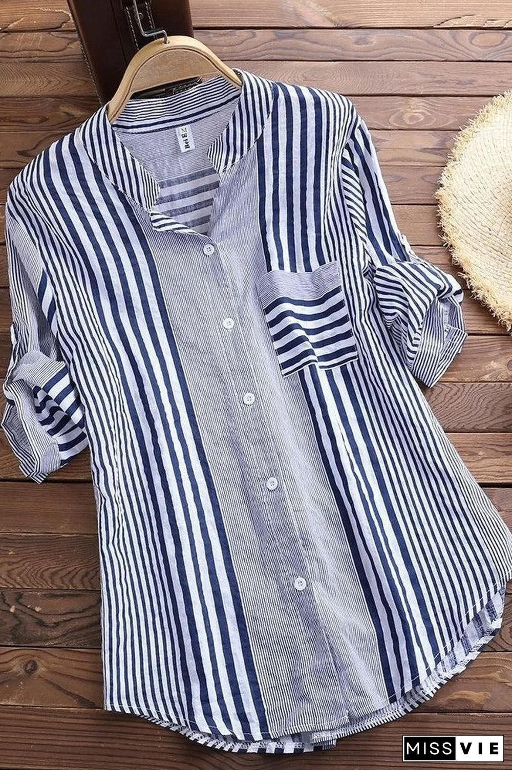 Stripe Print Stand Collar 3/4 Sleeves Blouse