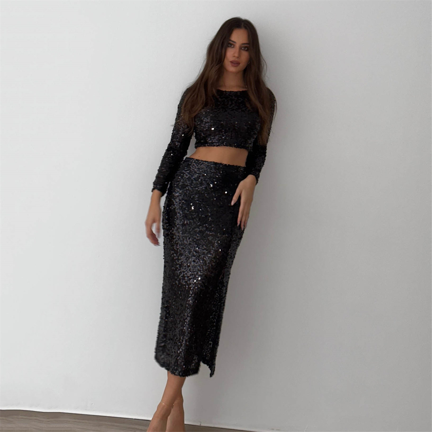 Ootddress Night Club 2 Piece-Set Maxi Skirt Female Sequin Cropped Top And High Waist Split Long Skirt Sets Glitter Fashion Outfits