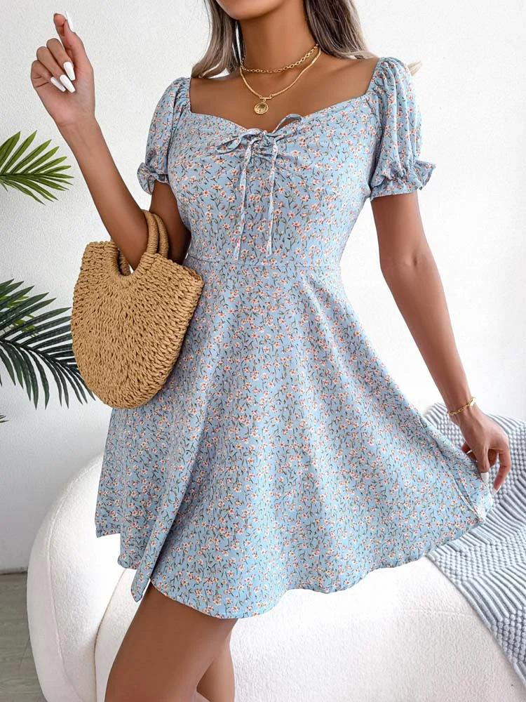 Women Puff Sleeve Boho Mini Dress