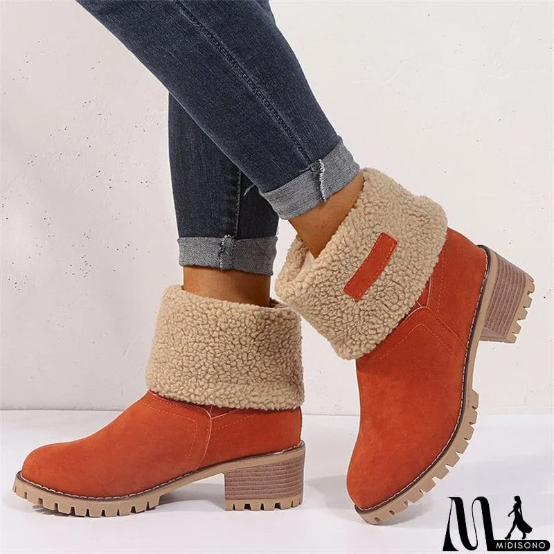 MidiSono - Warm Fur Lining Square Chunky Heel Suede Snow Boots for Women