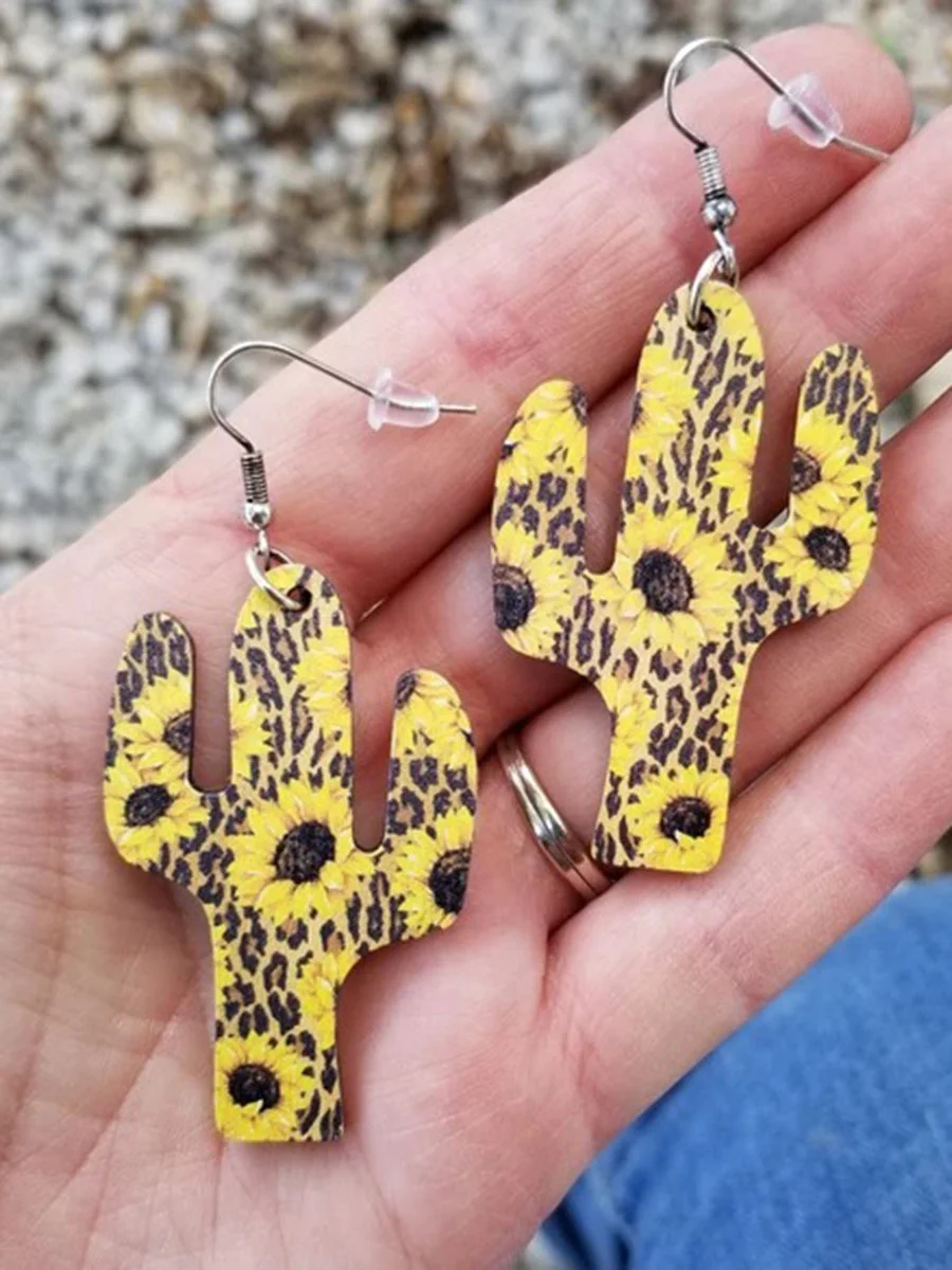 Sunflower Printed Cactus Pattern Wooden Earrings