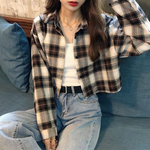 Blouses Shirts Women Plaid Long Sleeve Crop Top All-match Korean Style Leisure Preppy Street Loose Womens Fashion Ins Chic Retro 1026