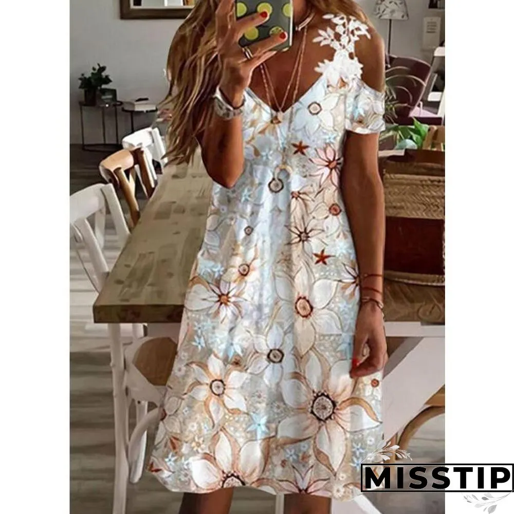V Neck Open Shoulder Lace Printed Beach Dress