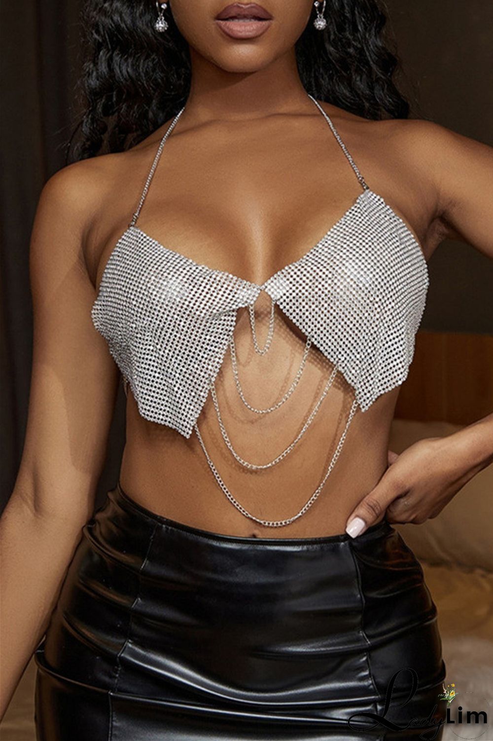 Silver Fashion Sexy Patchwork Backless Turtleneck Tops