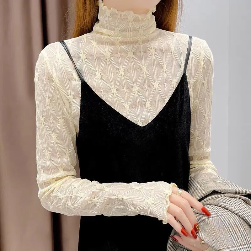 Uveng Uveng Temperament High-Neck Net Yarn Bottoming Shirt Women Autumn And Winter Wooden Ears Thin Permeable Yarn Long-Sleeved Lace Tops