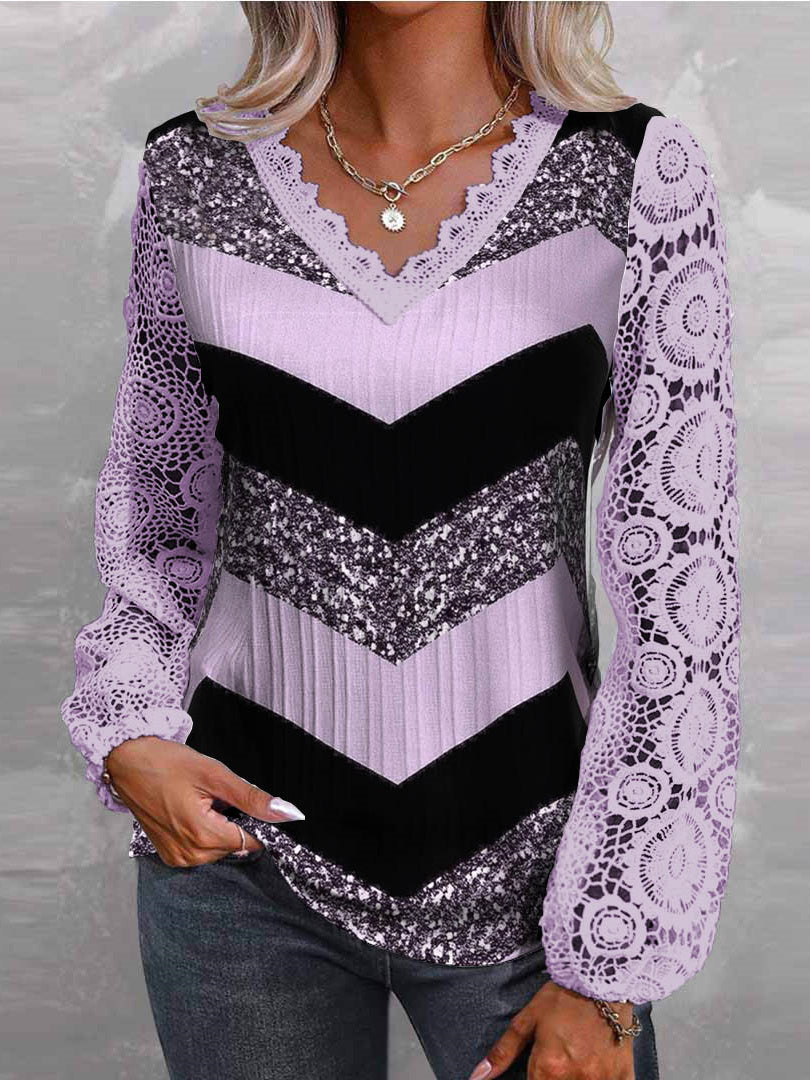Women Long Sleeve V-neck Striped Printed Lace Tops