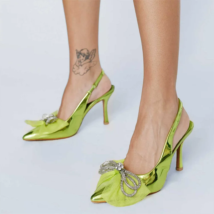 Lime Green Metallic Slingback Pumps Pointed Toe Rhinestone Bow Heels |FSJ Shoes