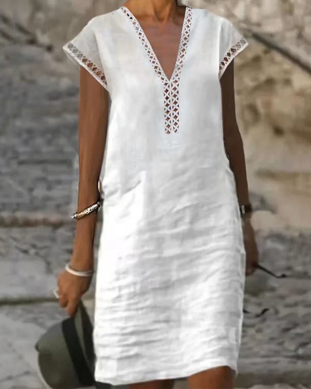 Cotton And Linen Leisure Fashion Outdoor Holiday V -Neck Dress