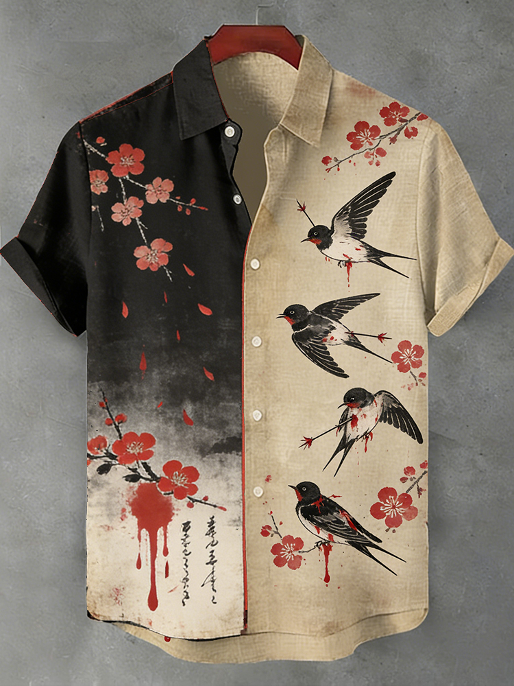 Japanese-style Swallow And Plum Blossom Tie-dye Cotton Linen Short Sleeve Shirt elevenforest
