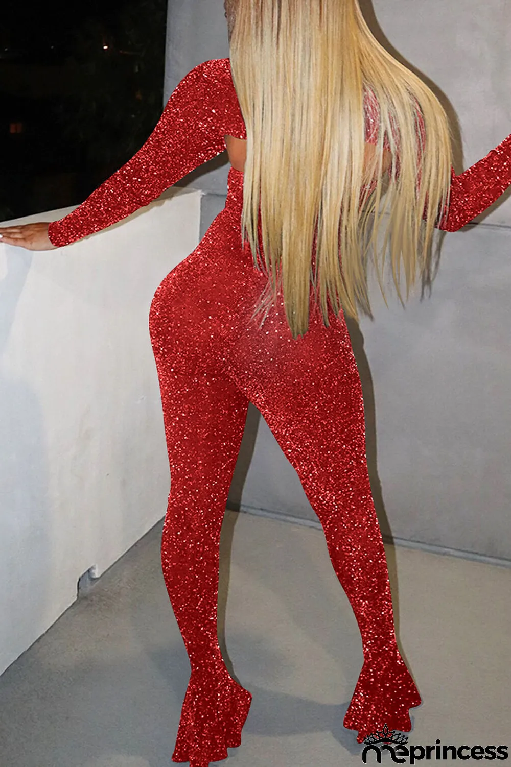 Red Sexy Solid O Neck Long Sleeve Two Pieces