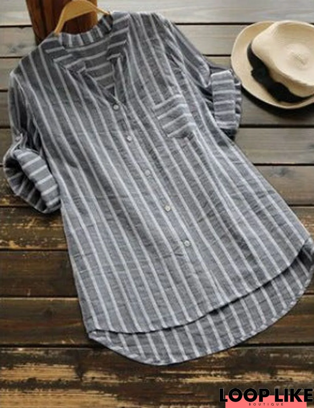Summer Casual V-Neck Striped Three-Quarter Sleeve Women'S Shirt