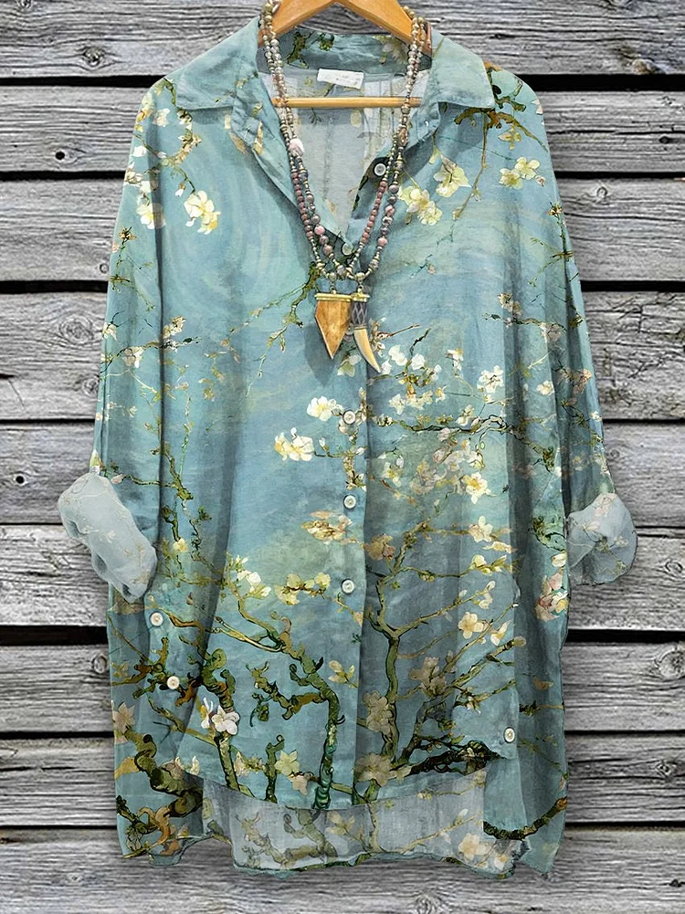 Women's Spring Flowers Art Print Casual Cotton And Linen Shirt