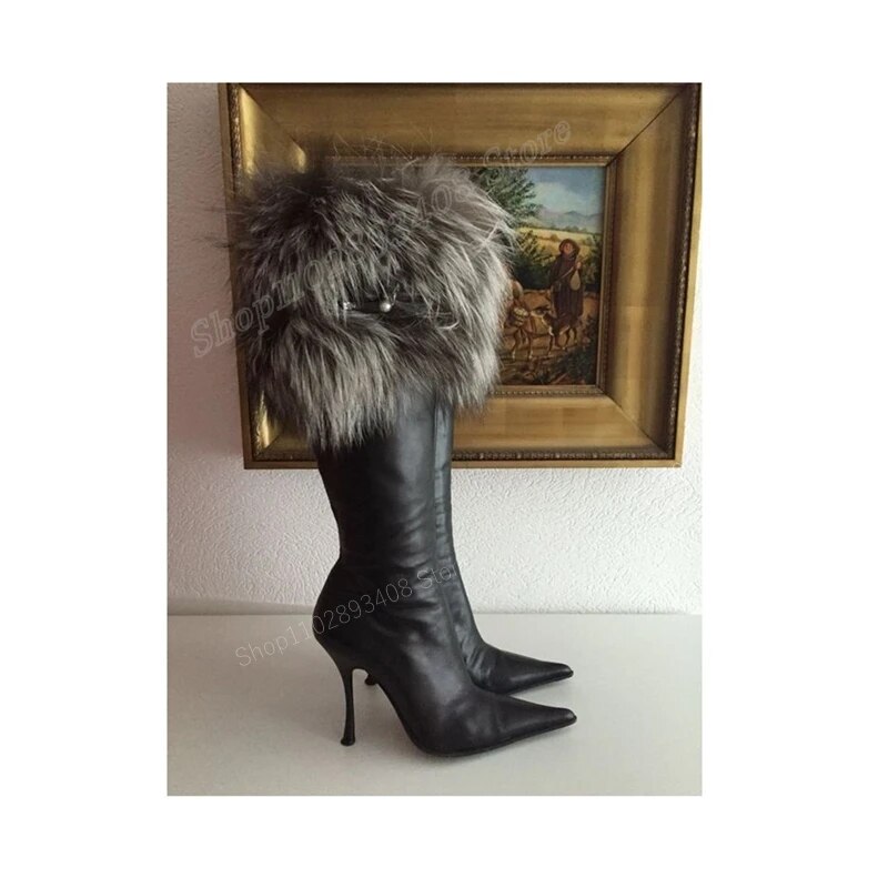 VCSHOES Black Fur Decor Knee High Boots Fleece Pointed Toe Pearl Stiletto High Heel Women Shoes Zapatos Para Mujere