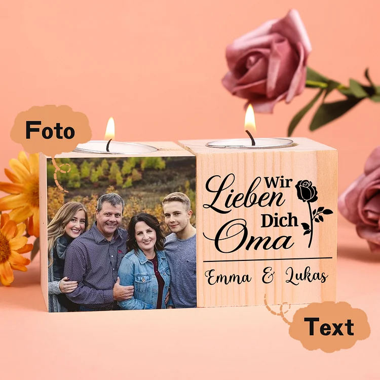 Kettenmachen Holz Kompliment Personalisierter 2 bedruckte Seiten Foto & Text Kerzenhalter-Wir lieben dich Oma-für Großmutter
