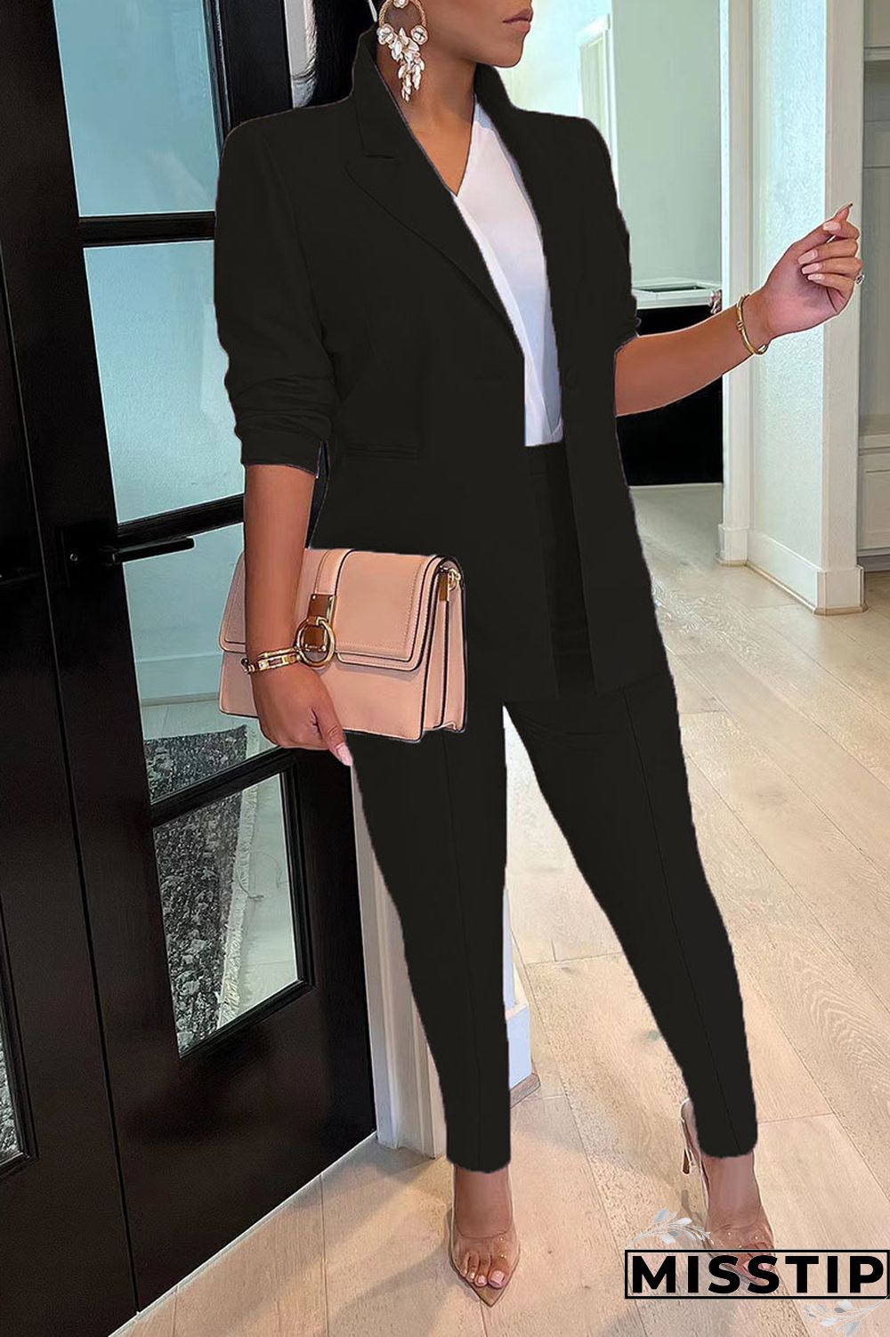 Black Casual Solid Patchwork Turn-back Collar Long Sleeve Two Pieces