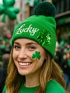 St Patricks Day Hat Sequins Lucky Pom Beanie Hats Green Knit Winter Hat for Irish-Themed Events