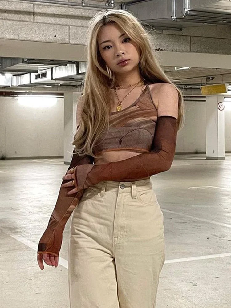Rapcopter Printed Brown Corset Top Vintage Crop Top y2k Grunge Kawaii With Glove Fashion Sweats Women Summer Camis Korean Style