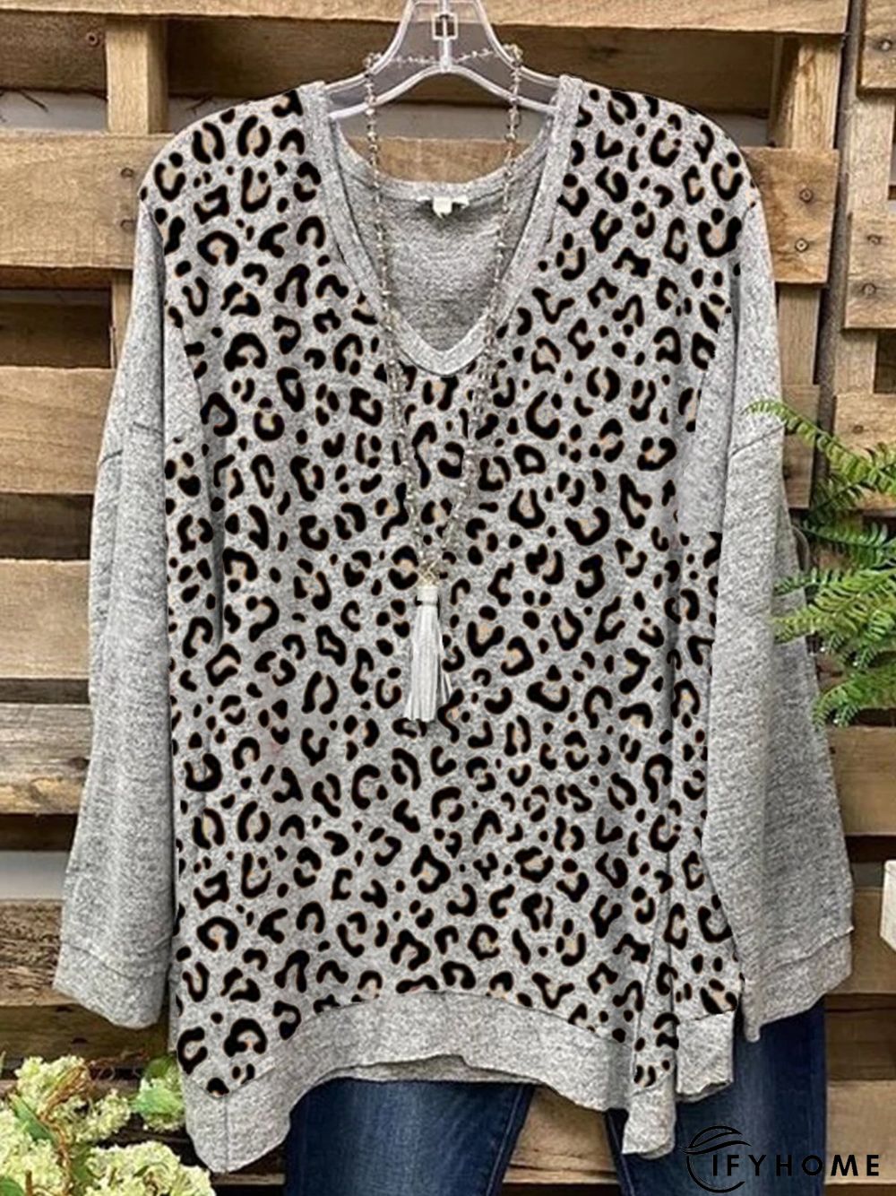 Casual Long Sleeve Color-Block Leopard Tunic T-Shirt | IFYHOME
