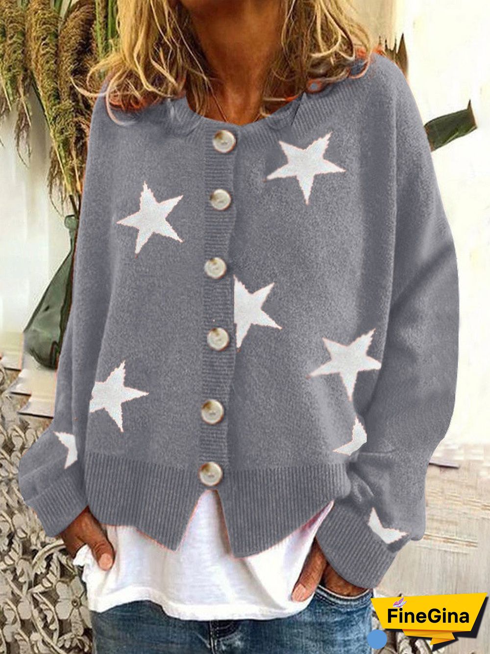 Women's V-neck Star Pattern Embroidery Sweater Cardigan Jacket  Coat