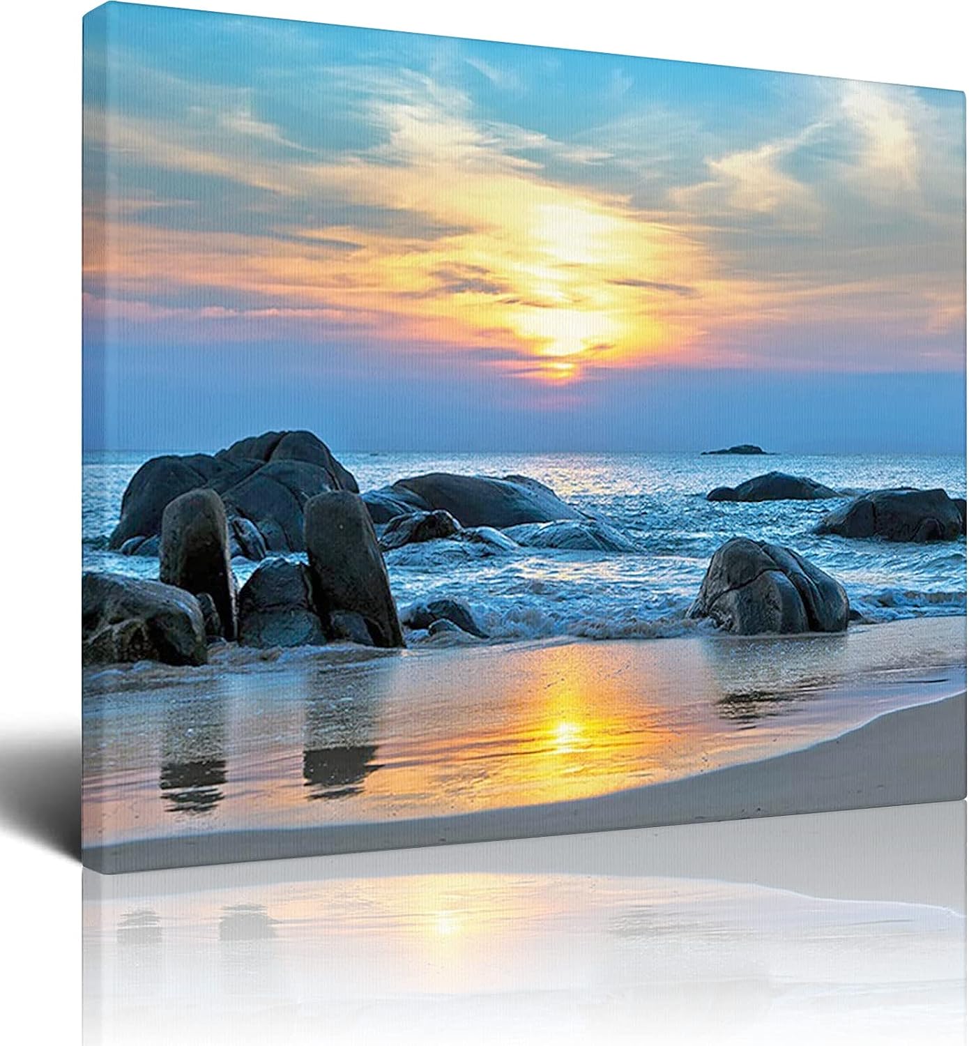 Beach Canvas Wall Art,Sunset Scenery in Sandy Beach,Picture Artwork Modern Painting Framed Large for Living Room Bedroom Bathroom Dinning Room Home Office Wall Decor,Blue Yellow - 16x20 Inch 16x20 Inch