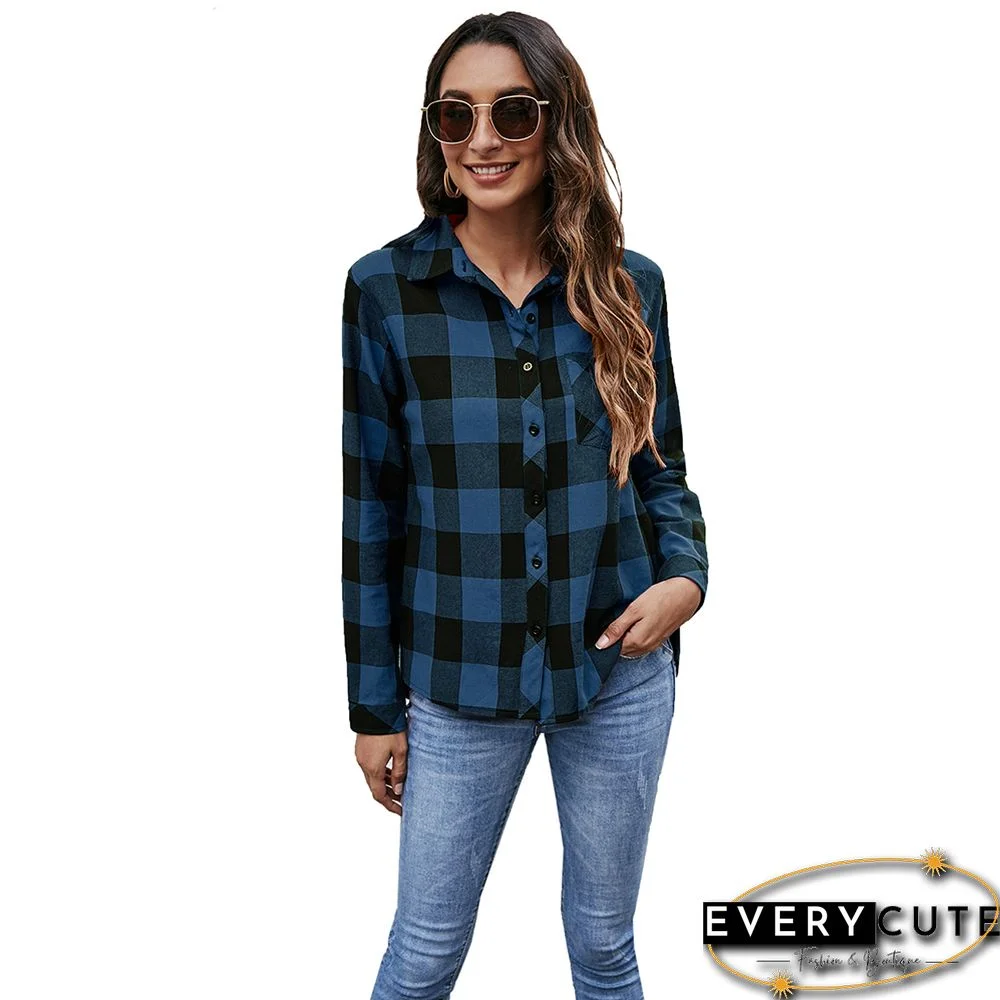 Navy Blue Plaid Print Cotton Shirt with Pockets