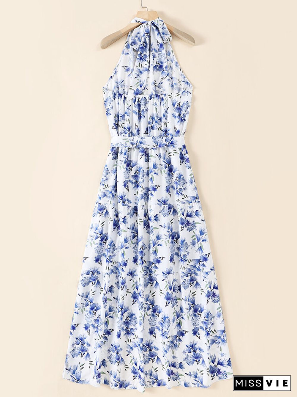 Flower Print Belt Self Tie Halter Open Back Maxi Dress