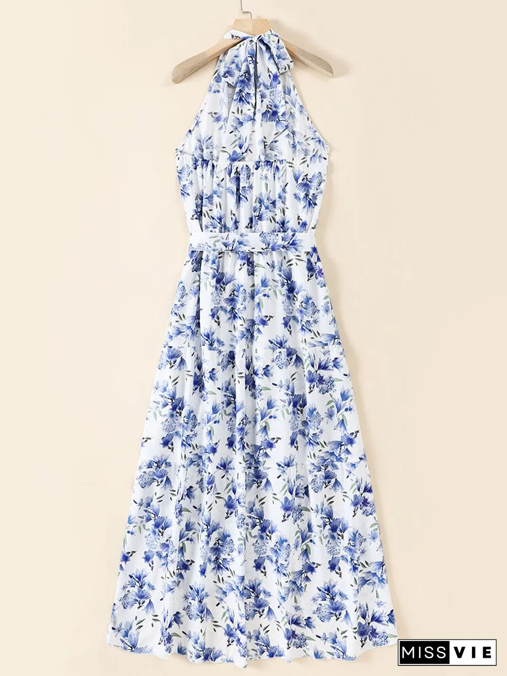 Flower Print Belt Self Tie Halter Open Back Maxi Dress