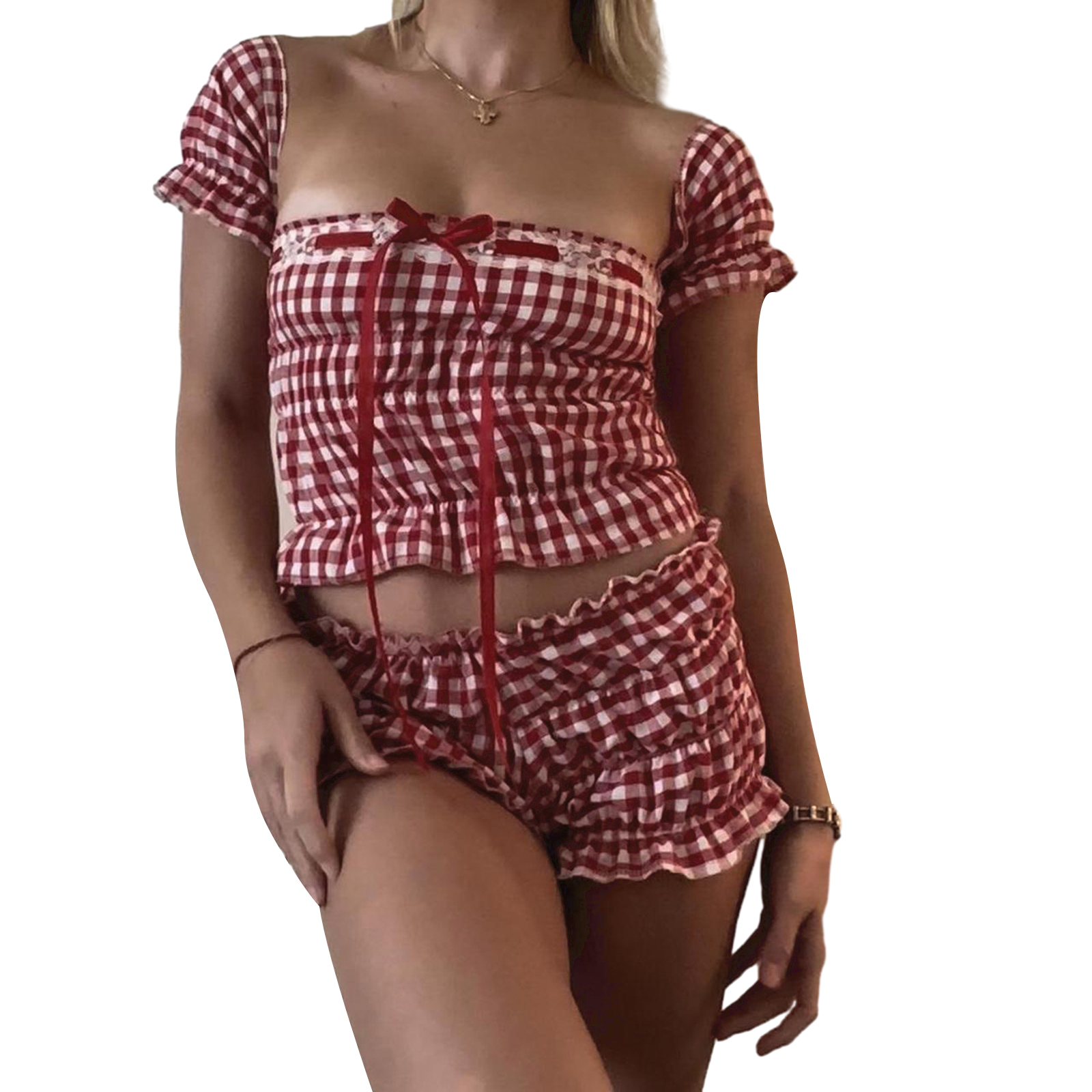 Areship fall hiking outfits for women Women Summer Shorts Outfits Plaid Lace Trim Tie-Up Square Neck Short Sleeve Tops Shorts 2 Pieces Clothes Set