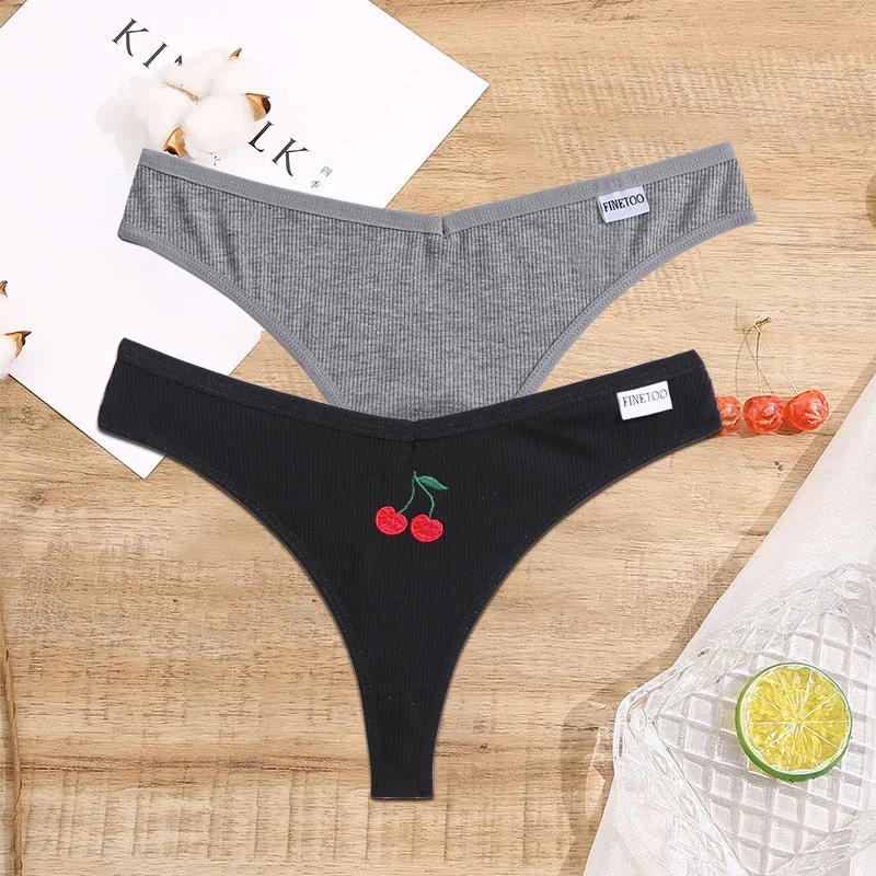 FINETOO 2/3PCS Women Lingerie Fruit Embroidery Panties G-string Sexy Low Rise Cotton Thongs Girl Underwear V-Waist Female Pantys