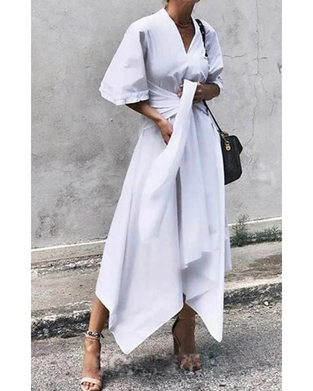 Women's A-Line Dress Midi Dress Half Sleeve Solid Color Summer Elegant White Black White Dresses Linen