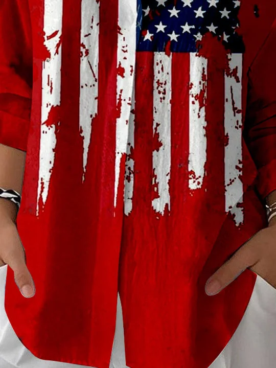 Women 3/4 Sleeve Shirt Collar National Flag Star Printed Graphic Button Tops