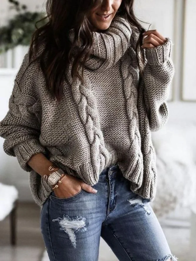 Gray Turtleneck Long Sleeve Knitted Sweater