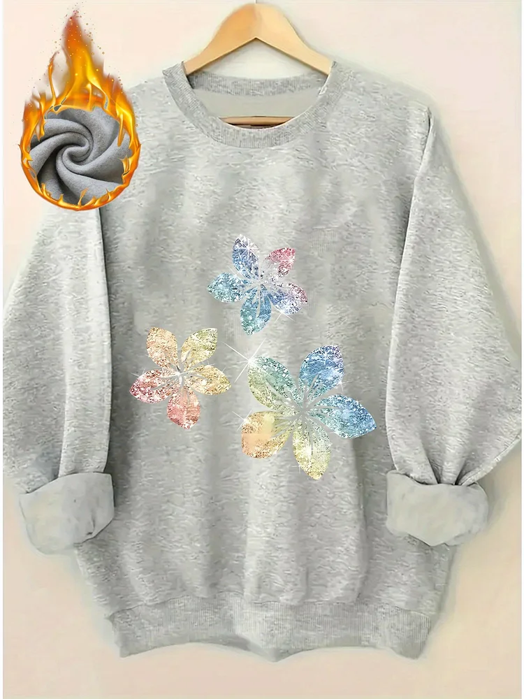 Women's Casual Long Sleeve Pullover Sweatshirt - Black Colorful Gradient Floral Print, Thickened Fleece-Lined For Warmth, Round Neck All-Season Machine Washable Top, Everyday Comfort Apparel, Abstract Butterfly Design, Easycare Clothing