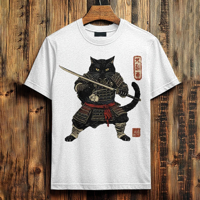 Men's Brave Cat Warrior Japanese Art Print Cotton Casual T-shirt  artssus