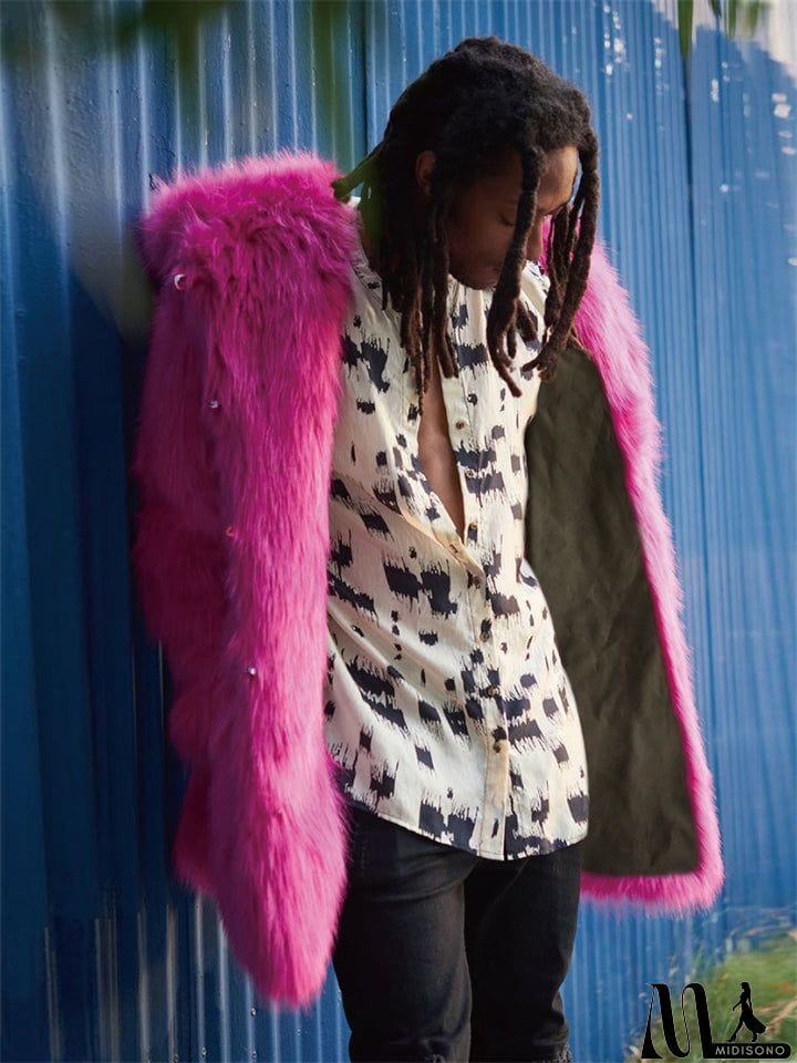 MidiSono - Fashionable Men's Pink Hooded Faux Fur Coat