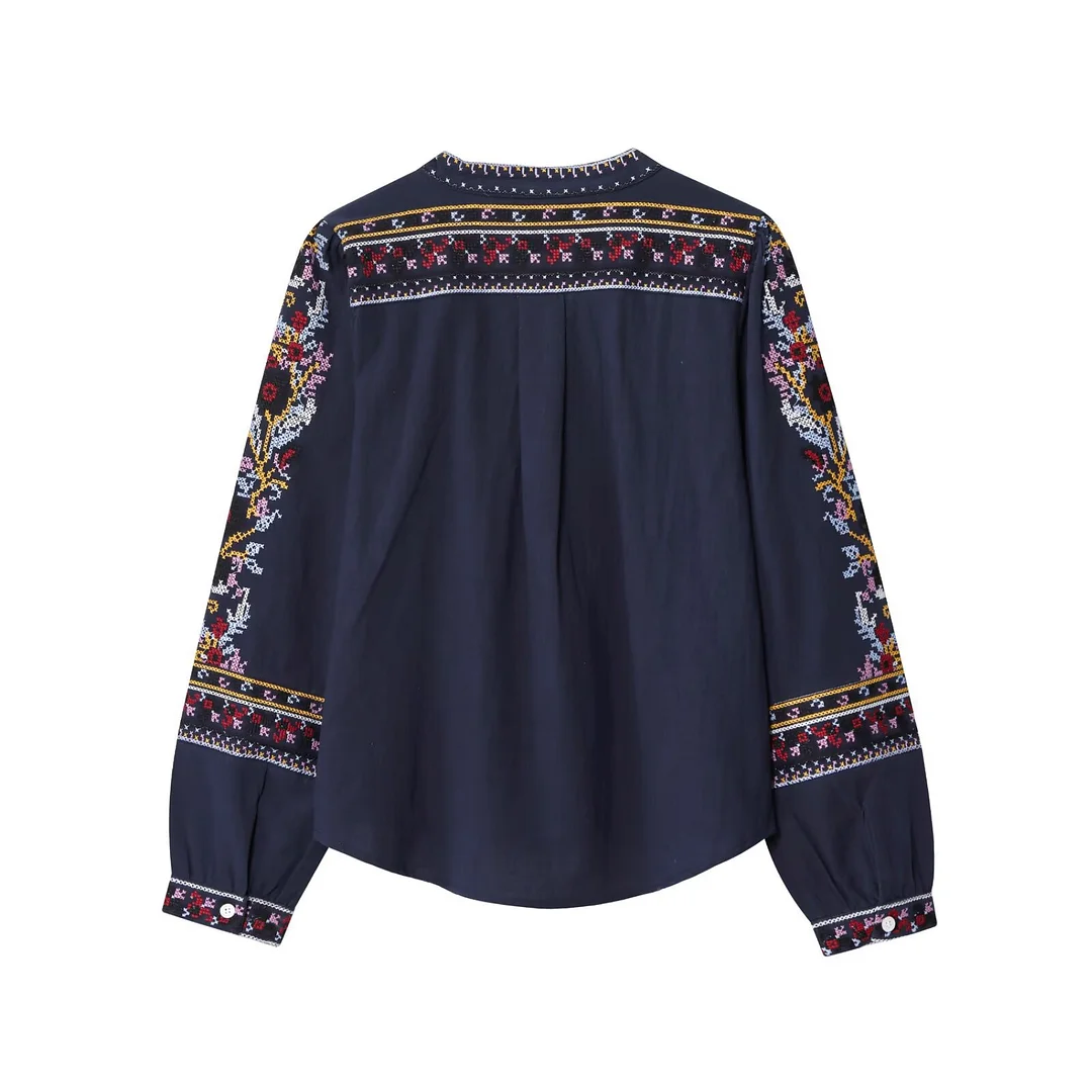 Nigikala Nigikala Spring And Summer New French V-Neck Heavy Industry Embroidery Shirt Embroidered Long Sleeves