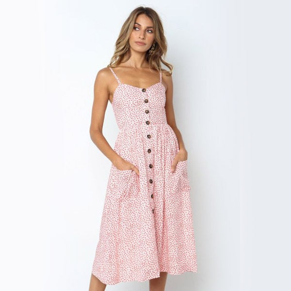 LANFUBEISI Summer Midi Dress Women's Sexy Sling Backless Sleeveless Button Striped Dot Print Solid Beach Dress With Pockets Female Sundress Lanfubeisi