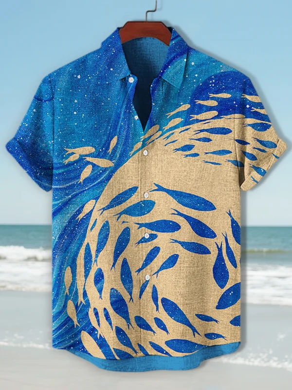 Men's Shoal Of Fish Golden Art Print Short Sleeve Shirt
