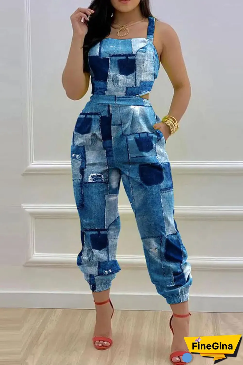 White Sexy Print Bandage Patchwork Backless Spaghetti Strap Regular Jumpsuits