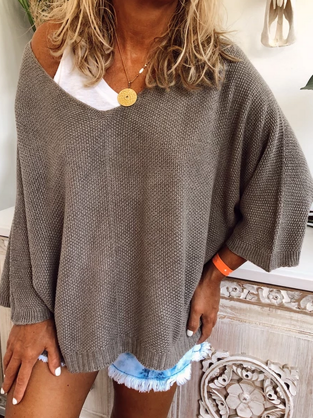 Grey Crew Neck Long Sleeve Knitted Plus Size Sweater | EGEMISS
