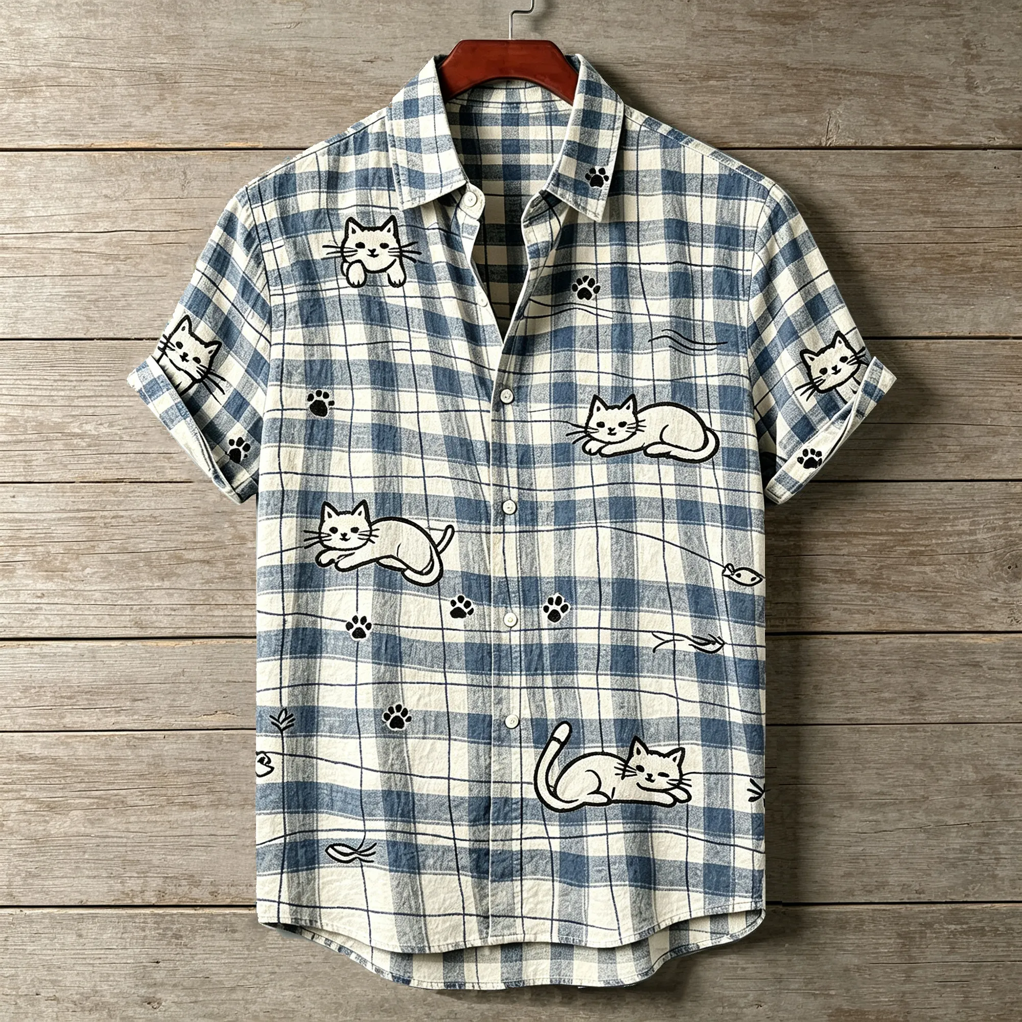 Men's Cute Cat Paw Print Plaid Linen Shirt  artssus