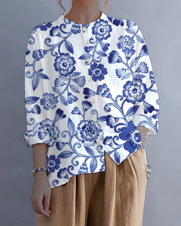 Vintage Floral Cotton and Linen Long-sleeved Button-down Loose Shirt
